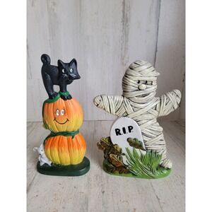 Vintage ceramic Halloween mummy pumpkin black cat set home tombstone